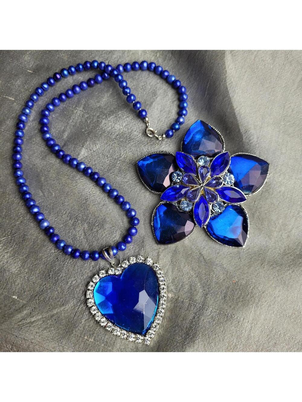 Blue Heart Pendant Necklace and Blue Flower Brooch Set